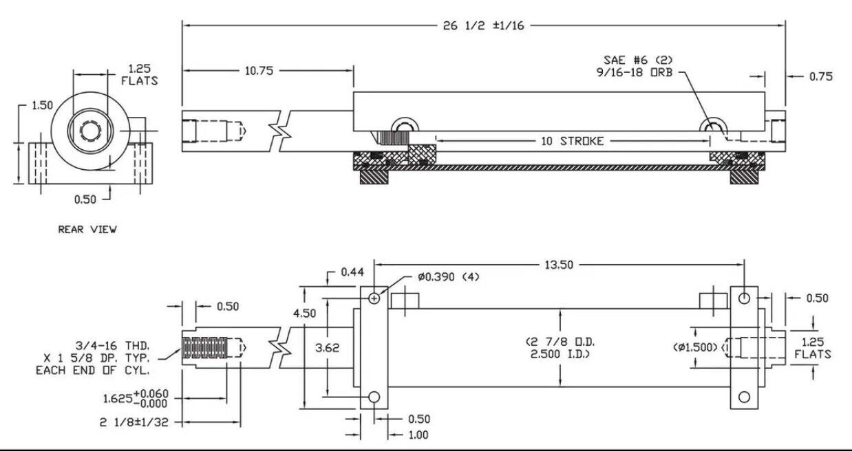 Dual ended hydraulic ram 2.5" X 1.5" X 10" cylinder orbital valve steering steer