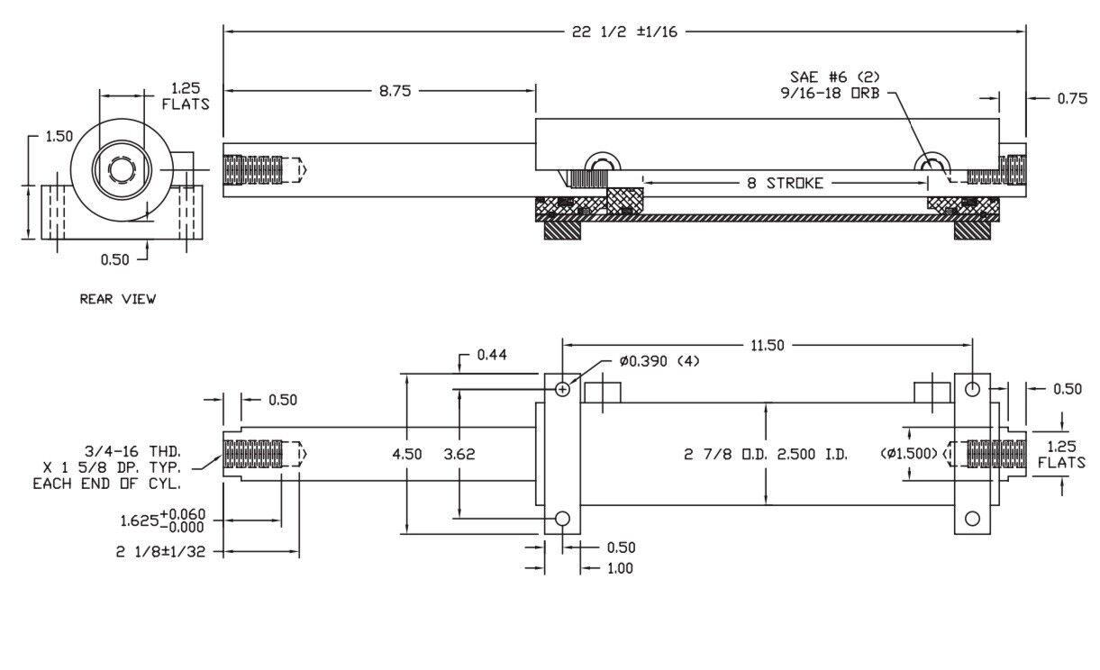 Dual ended hydraulic ram 2.5" X 1.5" X 8" cylinder orbital valve steering steer